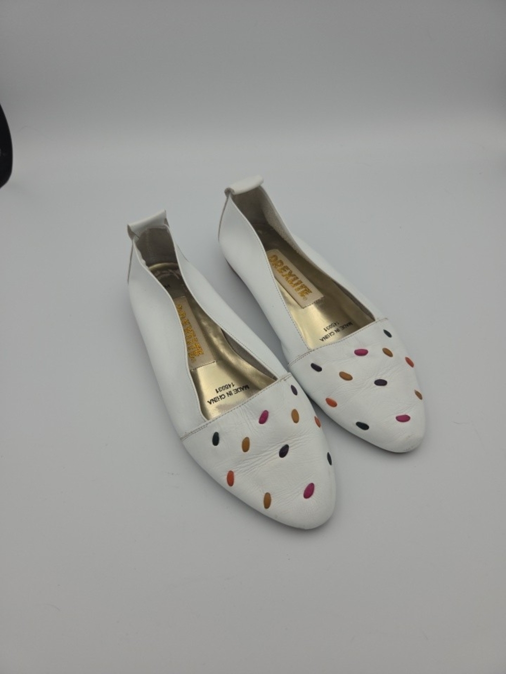 Vintage 90s White Leather Women's Flats with Multicolor Dot Detail Size 7M
